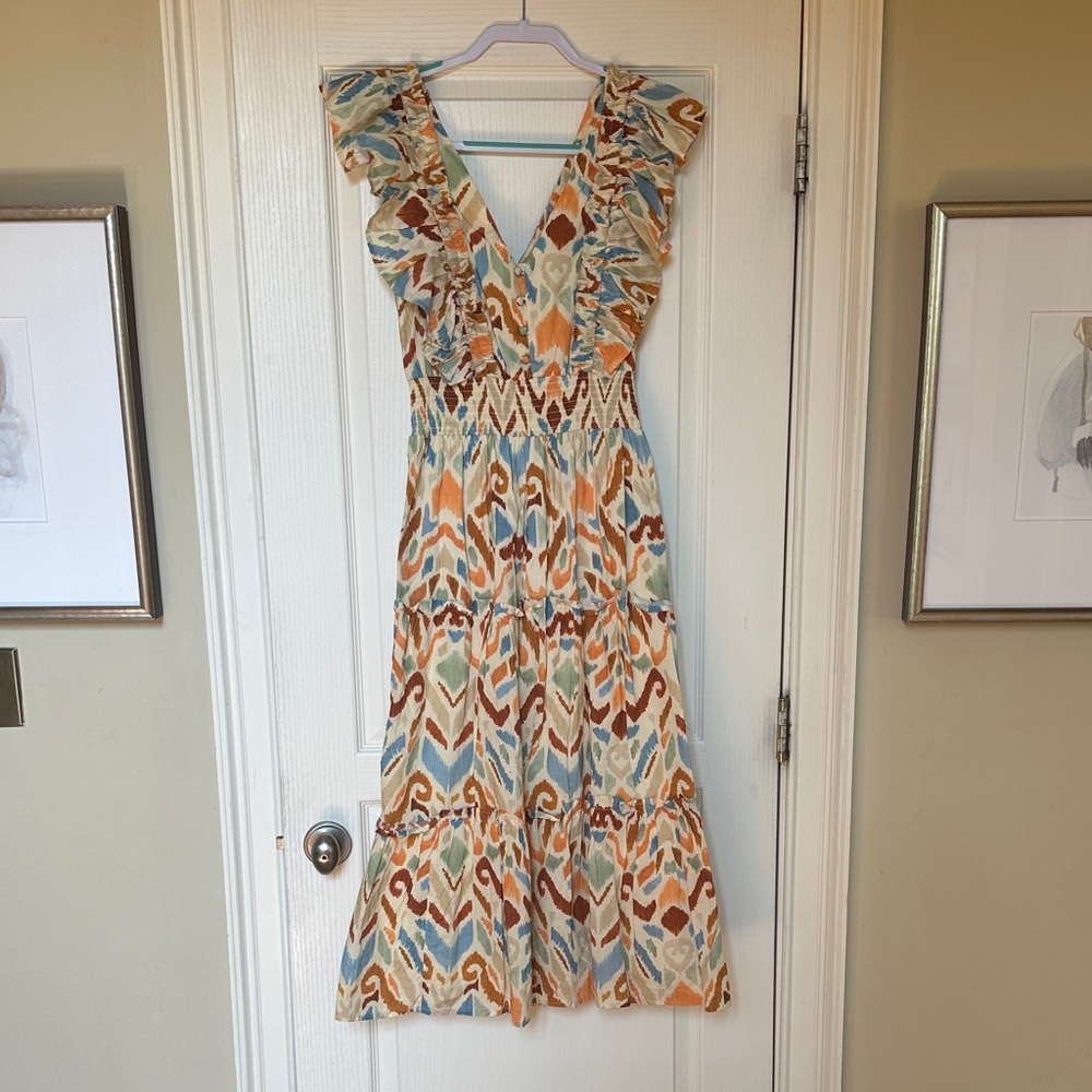 Elegant V-Neck Midi Dress with Ruffle Sleeves